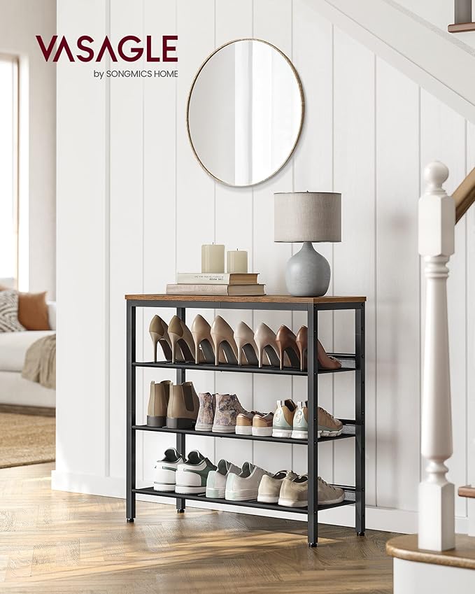 VASAGLE Shoe Rack for Entryway, 4-Tier Shoe Rack Organizer with Storage Shelves and Spacious Top, Freestanding, Adjustable, Industrial, Rustic Brown and Ink Black ULBS040B01-NeatNest