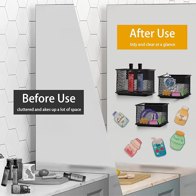 Black Magnetic Basket, Magnetic Organizer Holder Refrigerator Basket, Magnetic Baskets Heavy Duty, Magnetic Holder for Refrigerator Locker Whiteboard Office,Medium x1&Small x2 Set of 3-NeatNest