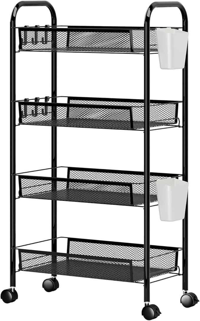 3/4/5 Tier Fruit Vegetable Basket, Stackable Metal Mesh Storage Basket with 360 Degree Wheels, Fruit Vegetable Produce Basket Storage Organizer for Kitchen, Pantry, Bathroom White 4-Layers