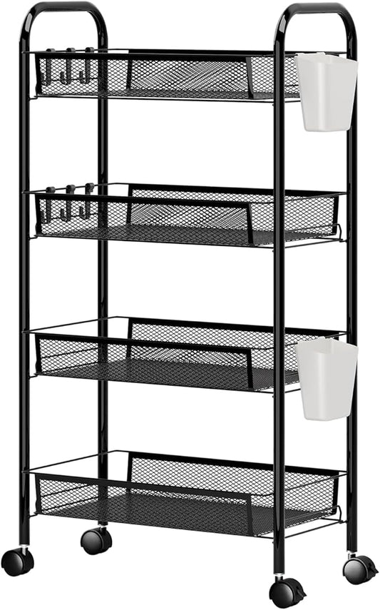 3/4/5 Tier Fruit Vegetable Basket, Stackable Metal Mesh Storage Basket with 360 Degree Wheels, Fruit Vegetable Produce Basket Storage Organizer for Kitchen, Pantry, Bathroom White 4-Layers