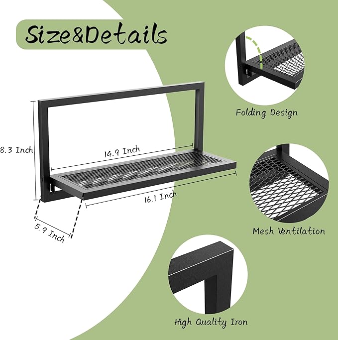 16 Inch Folding Wall Shelf - Modern Iron Foldable Wall Shelf with Mesh Panel, Ideal for Home Decor in Bathroom, Kitchen, Bedroom, Office & Living Room