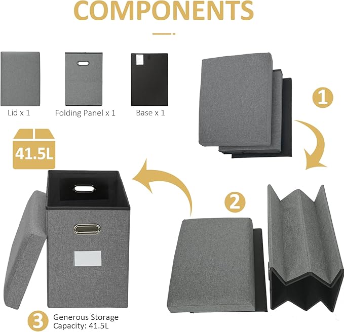 Tall Ottoman with Storage Collapsible Fabric Small Slim Folding Ottoman Furniture with Handles Lid for Room Footrest Foot Stool Linen Grey 16.5x16.5x11.8in
