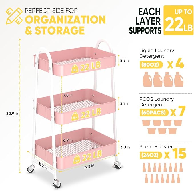 Sekey 3 Tier Rolling Cart Metal, Easy Install Utility Cart on Wheels, Heavy Duty Storage Cart with Lockable Wheels for Baby Nursery, Bathroom, Kitchen, Laundry Room, Pink