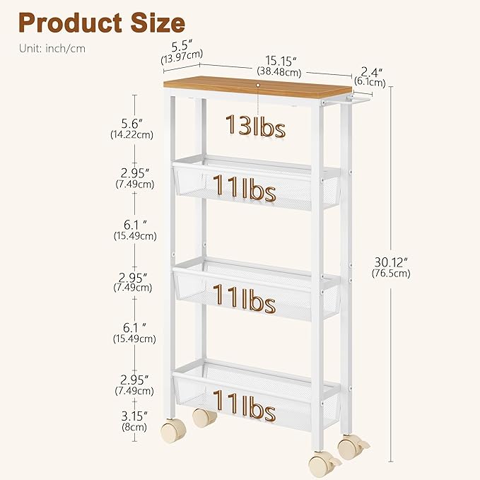 Hoctieon Slim Rolling Storage Cart, 4-Tier Narrow Kitchen Storage Cart with Handle & Wheels, Mobile Shelving Unit, Wooden Top & Metal Frame, Utility Cart for Kitchen, Small Spaces, Oak Beige