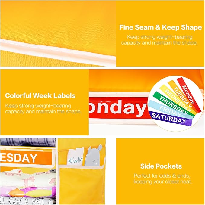 6-Shelf Weekly Closet Hanging Organizer for Kids, YOCOMEY 6-Grid Days of the Week Baby Kids Clothing Organizer Monday through Saturday, Foldable Oxford Cloth Closet Clothes Weekday Storage (New Yellow-NeatNest