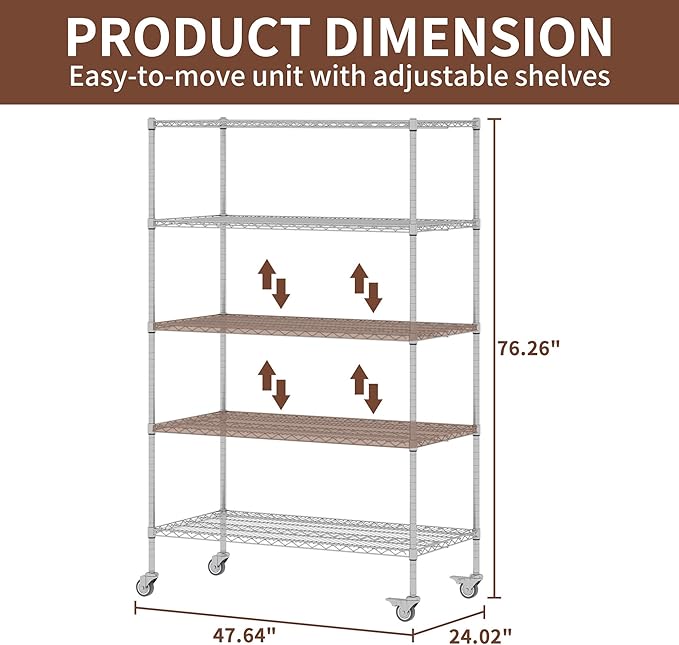 5-Tier Metal Storage Shelving Unit, Adjustable Storage Rack Display Shelves, Industrial Steel Wire Shelf on Wheels, Commercial and Home Use, 48”W x 24”D x 72”H, 1500 LBS Capacity-NeatNest