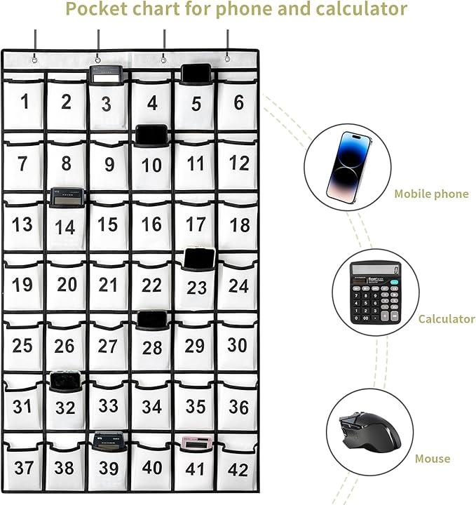 42 Pockets Numbered Classroom Pocket Chart for Cell Phones, Hanging Pocket Chart Storage for Classroom Phone Calculator Holder with 4 Hooks and 42 Clear Numbers Printing (White-42pockets)-NeatNest