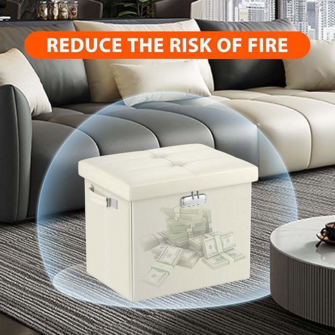 DocSafe Storage Ottoman with Lock,Fireproof＆Waterproof 17 Inches Folding Storage Box with Handles Safe for Important Documents,Leather Storage Ottoman Storage Chest for Living Room,Bedroom,Beige-NeatNest