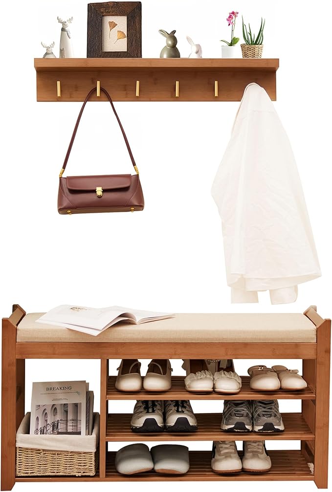 Hall Tree with Bench and Shoe Storage, Coat Rack Shoe Bench Set with Seat Cushion and 6 Hooks for Entryway, Hallway, Living Room and Bedroom-NeatNest