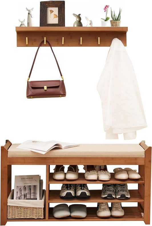 Hall Tree with Bench and Shoe Storage, Coat Rack Shoe Bench Set with Seat Cushion and 6 Hooks for Entryway, Hallway, Living Room and Bedroom-NeatNest