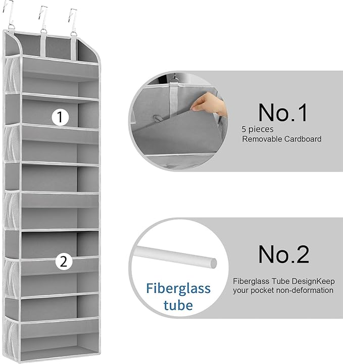 2 Pack Over The Door Storage Organizer with 5 Pockets 10 Mesh Side Pockets, 44 lbs Weight Capacity Door Hanging Organizers and Storage for Bedroom,Bathroom,Nursery,Pantry,Dorm(Light Gray)-NeatNest