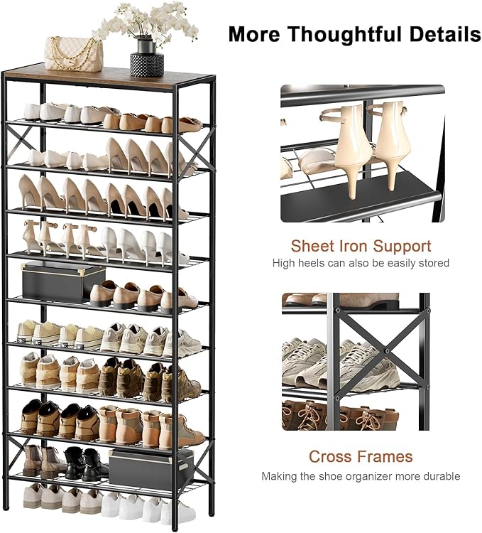 10-Tier Tall Shoe Rack Organizer Shoe Storage for Entryway 30-40 Pairs Metal Shoe Rack for Closet Heavy-Duty Shoe Rack with Wooden Top Shelf for Garage Rustic Brown-NeatNest