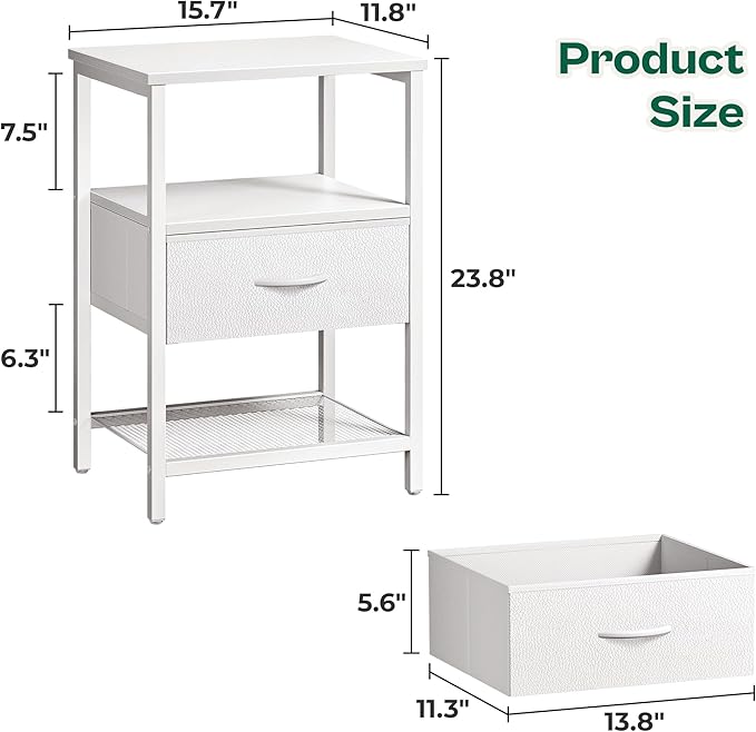 Huuger Nightstand Set of 2, Night Stand with Fabric Drawer, Mesh Shelf, Side Table with Storage, Fabric Drawer Dresser, Open Shelf, Metal Frame, Bedroom, White