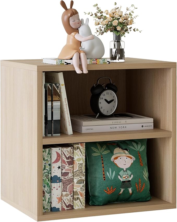 Garden 4 you Cube Storage Organizer Shelf, 2 Tiers Stackable Bookshelf, Wooden Display Bookcase with 2 Cube Storage, Small Storage Cabinet for Living Room Bedroom, Natural-NeatNest
