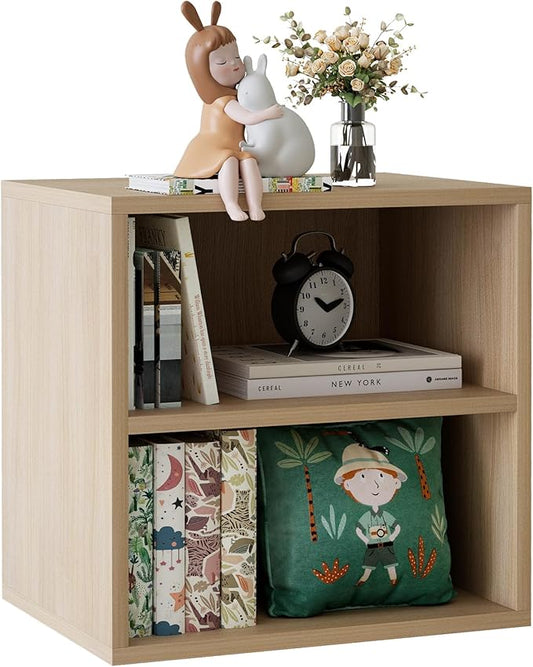 Garden 4 you Cube Storage Organizer Shelf, 2 Tiers Stackable Bookshelf, Wooden Display Bookcase with 2 Cube Storage, Small Storage Cabinet for Living Room Bedroom, Natural-NeatNest