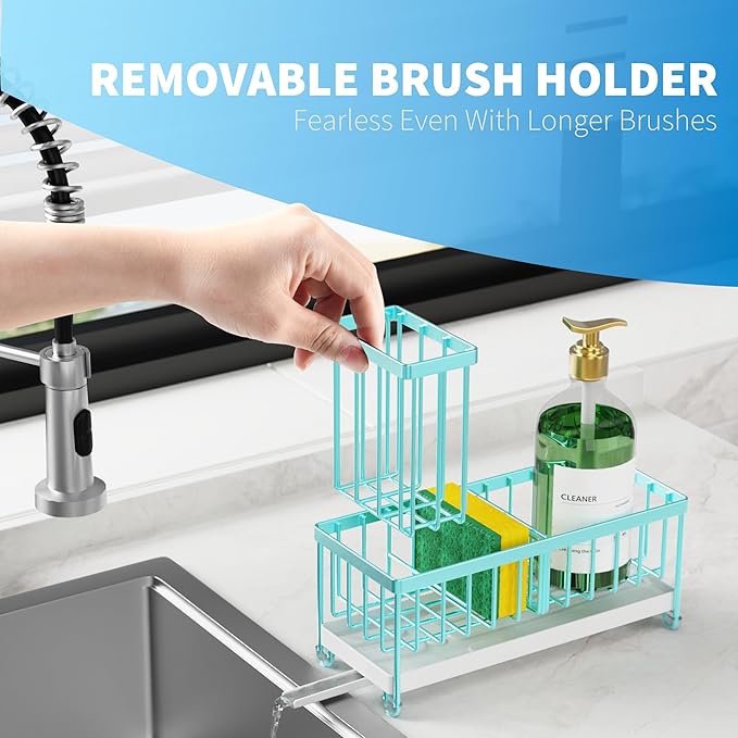 Cisily Turquoise Sponge Holder for Kitchen Sink, Sink Caddy Organizer with High Brush Holder, Kitchen Countertop Organizers and Storage Essentials, Rustproof 304 Stainless Steel, Soap Dispenser-NeatNest