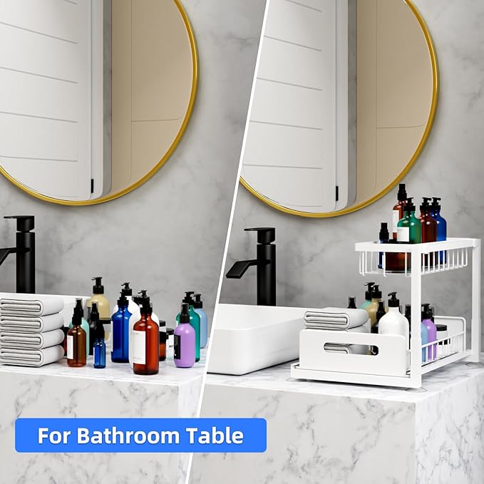 2-Tier Under Sink Slide Out Organizer, 2 Pack Pull Out Cabinet Storage Shelf with Sliding Wire Basket Drawer for Bathroom Kitchen, Countertop or Pantry Shelf, White-NeatNest
