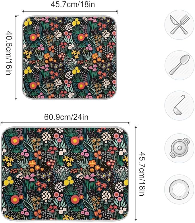Colorful Floral Absorbent Dishes Drainer/Rack Mat for Countertop Small Size 16 x 18, Microfiber Dish Drying Pads Kitchen Counter Draining Pad-NeatNest