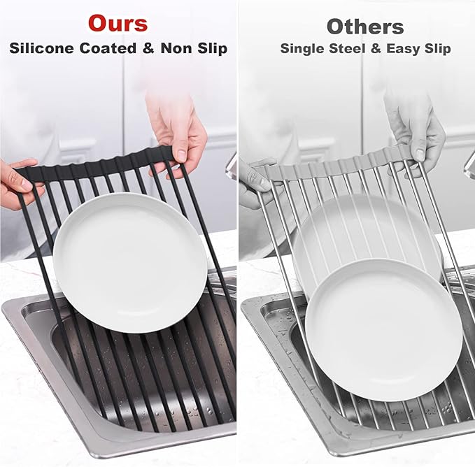 MERRYBOX Roll Up Dish Drying Rack Silicone Wrapped Over The Sink Dish Drying Rack Multipurpose Foldable Sink Drying Mat Anti-Slip & Anti-Rust Dish Rack for Kitchen, 17.5" x 13", Black