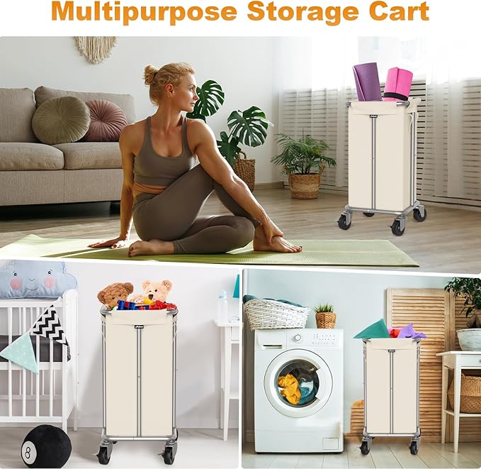 Laundry Basket with Wheels, 115L Rolling Laundry Hamper Large Dirty Clothes Hamper Cart with Steel Frame and Removable Bag, Bedroom Bathroom Dorm Room Laundry Room Organization Hampers, Beige