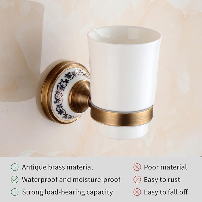 Antique Bronze Brass Toothbrush Holder Cup Holder with White Ceramic Tumbler, Wall Mounted Bathroom Hardware Accessories,Porcelain Design