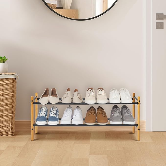 STORAGE MANIAC Expandable Shoe Rack, 8 Pairs Stackable Small Shoe Rack, Metal Adjustable Shoes Organizer for Closet, Entryway, Hallway, Garage, Front Door, Shoes Shelves, Bamboo 2 Tier-NeatNest