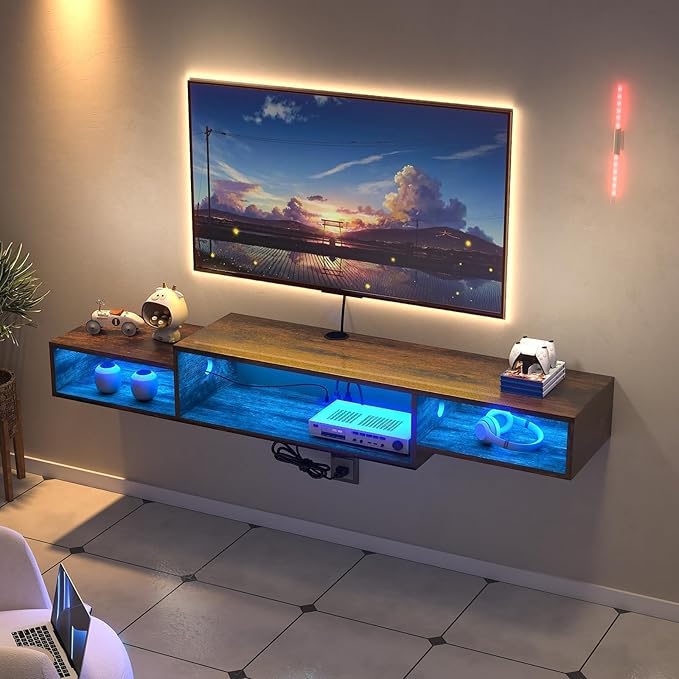 4 EVER WINNER Floating TV Shelf with LED Lights and Power Outlet, 59" TV Stand for Cable Box Audio Video, Floating Entertainment Center for Living Room, Bedroom, Rustic Brown-NeatNest