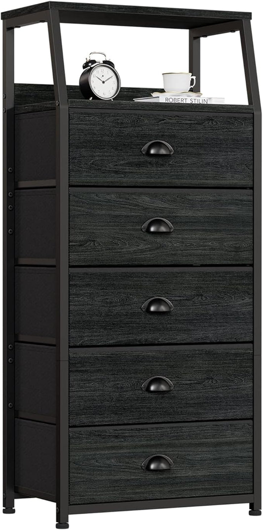 Furnulem Black Dresser with 5 Drawers, Vertical Storage Tower Fabric Dresser for Bedroom, Hallway, Entryway, Nursery, Closet Organizer, Nightstand Bedside Table Furniture, Sturdy Steel Frame, Wood Top-NeatNest