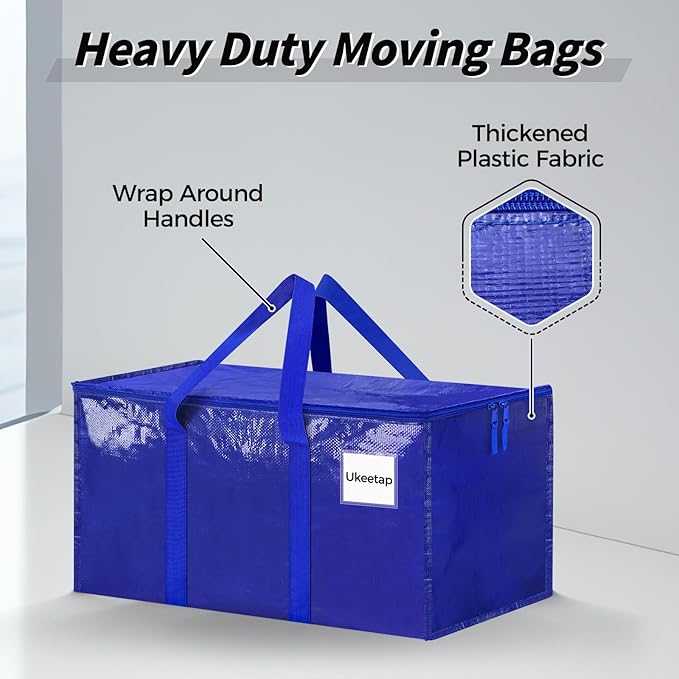 16 Pack Extra Large Heavy Duty Moving Bags, Blue Storage Bins with Lids, Reinforced Handles & Heavy-Duty Zippers Moving Boxes Storage Bags Totes for Clothes Packing, Dorms, College Supplies, Blue