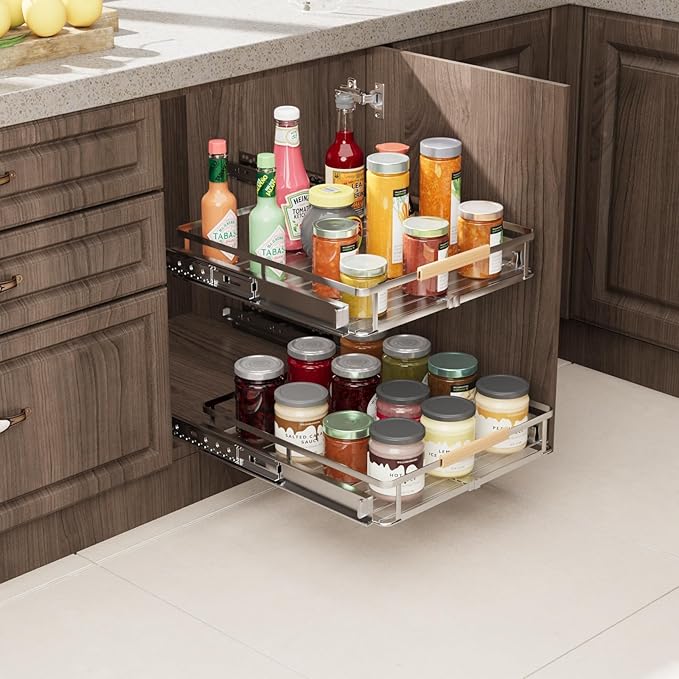 2 Pack Expandable Pull Out Cabinet Organizer，Side Mounting 11.8~18"x17.3"Cabinet Pull Out Shelves, Expandable Slide Out Spice Rack for Cabinet for Kitchen Bathroom Office-NeatNest
