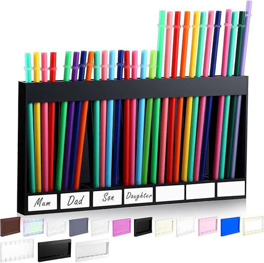 Acrylic Straw Holder for Cabinet Door with Double Sided Adhesive Tape Reusable Straw Organizer Tumbler Storage Kitchen Accessories Container for Counter Cupboard(Classic,Extra Large,Black)