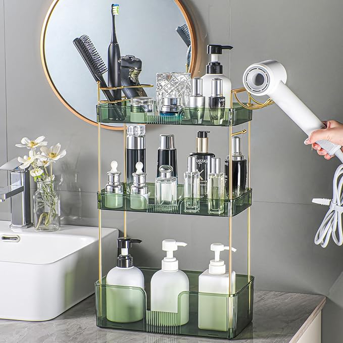 3 Tier Bathroom Organizer Countertop Makeup Perfume Tray Skincare Organizer Comes with Hair Dryer Rack and Toothbrush Holder for Bathroom Dresser Vanity (Green)-NeatNest