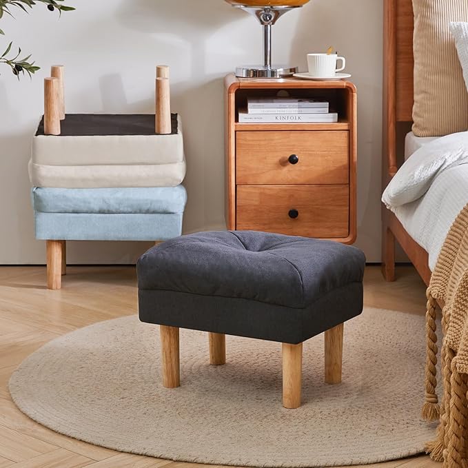 YMYNY Foot Stool, Ottoman Small, Chair with Sponge Padded Seat, Footrest, Shoes Changing Wooden Stool for Living Room, Bedroom, Entryway, 15.74×11.41×12.59 inches, Dark Grey UHBD023BG