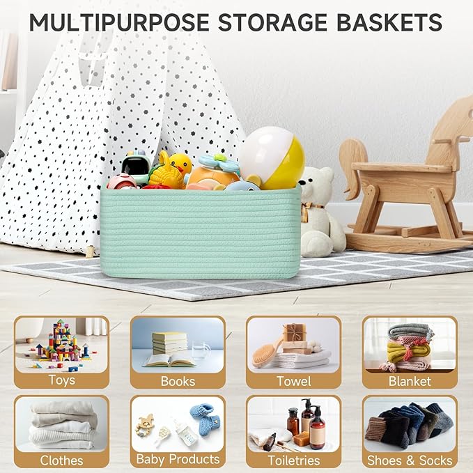 3-Pack Storage Baskets for Organizing | Woven Shelf Toy Basket | Rope Baskets for Gifts Empty | Closet Organizer Bins with Handles | Cube Decorative Box | 13.7×7.1×6.7” | Light Green-NeatNest