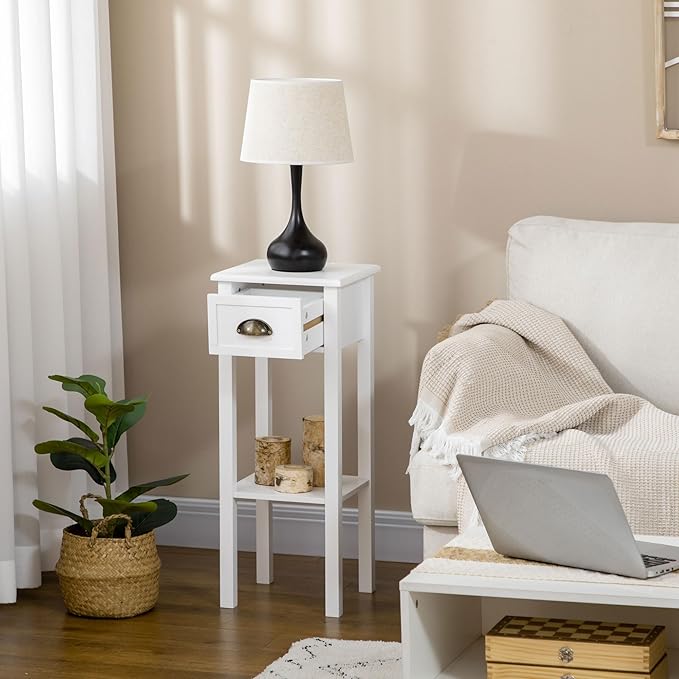 HOMCOM 2-Tier Side Table with Drawer, Narrow End Table with Bottom Shelf, for Living Room, Set of 1, White