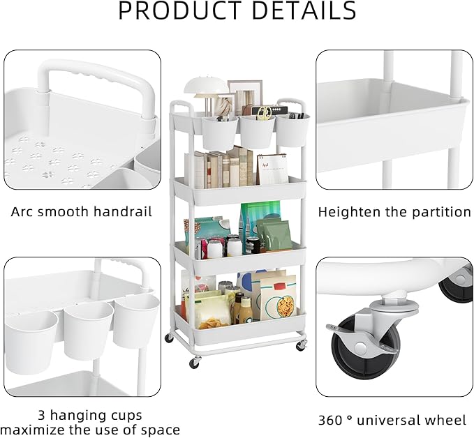 JIUYOTREE 4-Tier Plastic Rolling Storage Cart Utility Cart with Extra Hanging Cups Handles Lockable Wheels for Living Room Bathroom Kitchen Office White-NeatNest