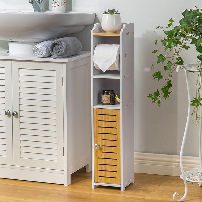 AOJEZOR Toilet Paper Holder Stand: Small Bathroom Storage Cabinet- White&Bamboo-NeatNest