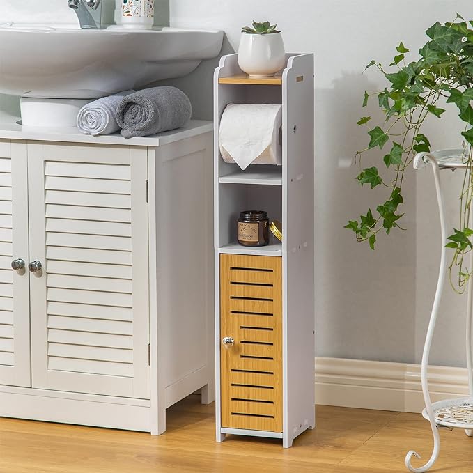 AOJEZOR Toilet Paper Holder Stand: Small Bathroom Storage Cabinet- White&Bamboo-NeatNest