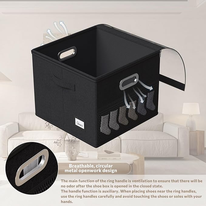 2 Pack Shoe Organizer for Closet Large Shoe Box Storage Containers with Clear Window Space Saving Shoe Bin with Foldable Bottom Support Adjustable Dividers Fits 32 Pairs (Black, (16.5*16.5*13in)*2)-NeatNest