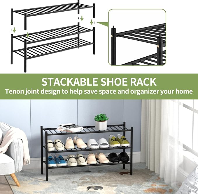 3-Tier Bamboo Long Shoe Rack, Free Standing Wood Shoe Shelf Storage Organizer for Closet Entryway Stackable 35"x11"x20" (Black)-NeatNest