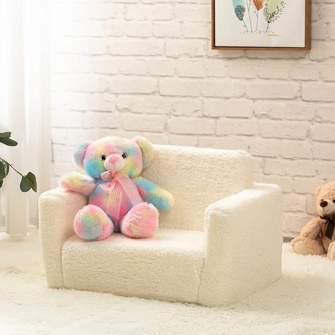 ALIMORDEN 2-in-1 Flip Out Cuddly Sherpa Kids Couch, Convertible Sofa to Lounger, Cream-NeatNest