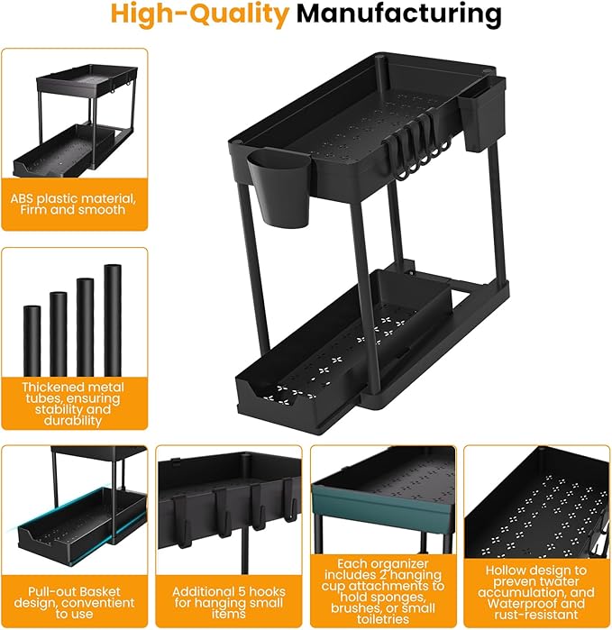 2 Pack Under Sink Organizer, 2 Tier Bathroom Organizers and Storage, Cabinet Organizer with Hook, Multi-Purpose Under Sink Organizers and Storage for Bathroom & Kitchen, Bedroom (Black)-NeatNest