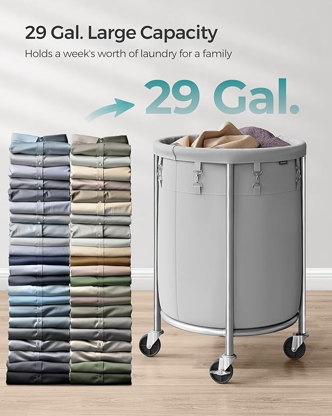 SONGMICS Laundry Basket with Wheels, Rolling Laundry Hamper, 29 Gal., Round Laundry Cart with Steel Frame and Removable Bag, 4 Casters and 2 Brakes, Gray and Silver URLS002G01