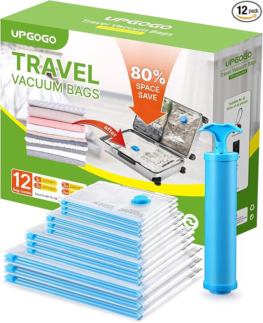Vacuum Bags for Travel, 12 Pack with Hand Pump, Space Saver Vacuum Storage Bags, Travel Essentials, Clothes, Blankets, Pillows-NeatNest