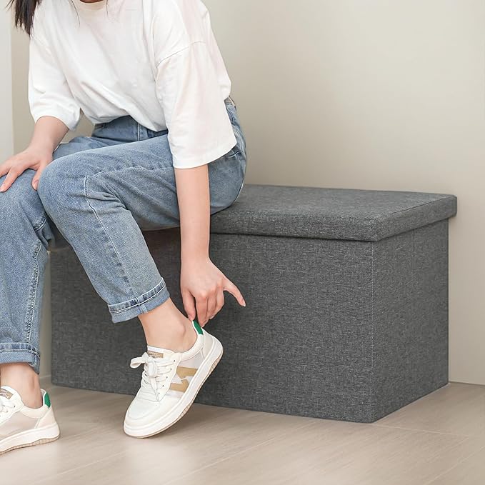 30 Inch Folding Storage Ottoman with Reversible Lid Coffee Table, Linen Fabric Multi-Functional Foot Rest & Seat for Living Room, Bedroom Grey