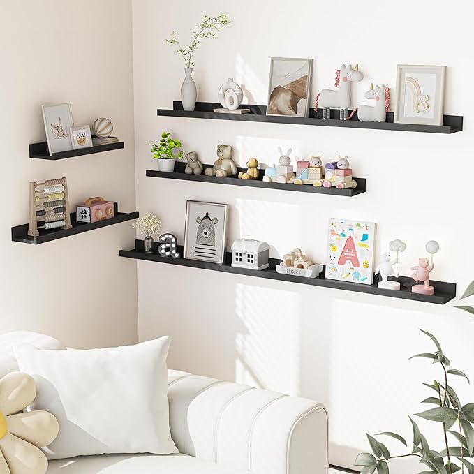 Heimlove Picture Ledge Shelf, Small Floating Shelves Set of 2, 16 Inches Picture Shelf for Wall with Ledge, Kids Bookshelf Wall Mounted for Living Room Bedroom Decor Books Photo Frames, Black-NeatNest