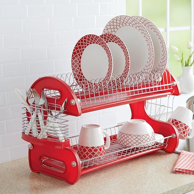 Montgomery Ward Retro 2-Tier Dish Rack, Space-Saving Design, Durable Plastic and Chrome-Plated Wire, Easy Assembly (Delicious Red)