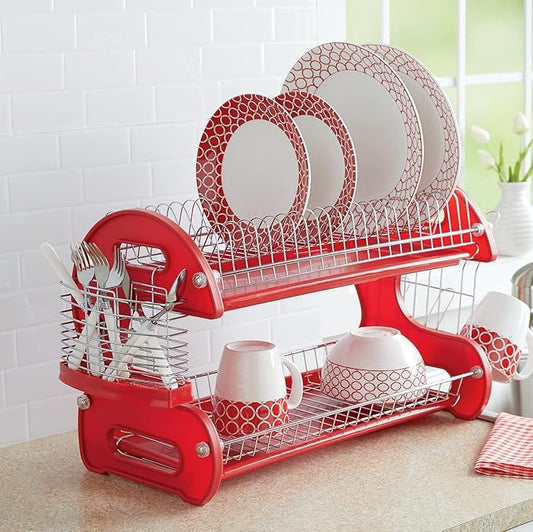 Montgomery Ward Retro 2-Tier Dish Rack, Space-Saving Design, Durable Plastic and Chrome-Plated Wire, Easy Assembly (Delicious Red)