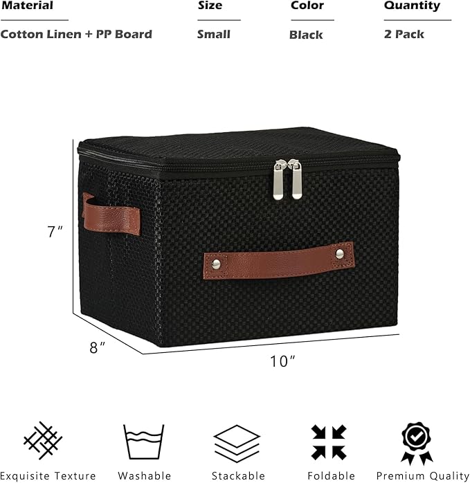 2PCS Storage Bins with Lid Fabric Storage Box Basket PU Leather Handle Textured Woven Cotton Linen Decorative Foldable Washable Shelf Closet Organizer Container (Zipper Lid, Black, Small)-NeatNest