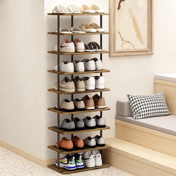 AZERPIAN Shoe Rack 9 Tier Vertical Storage Organizer Double Row Narrow Metal Slim Shelf Modern Free Standing Shoe Tower Saving Space for Closet Entryway Bedroom,Black+Rustic Brown-NeatNest